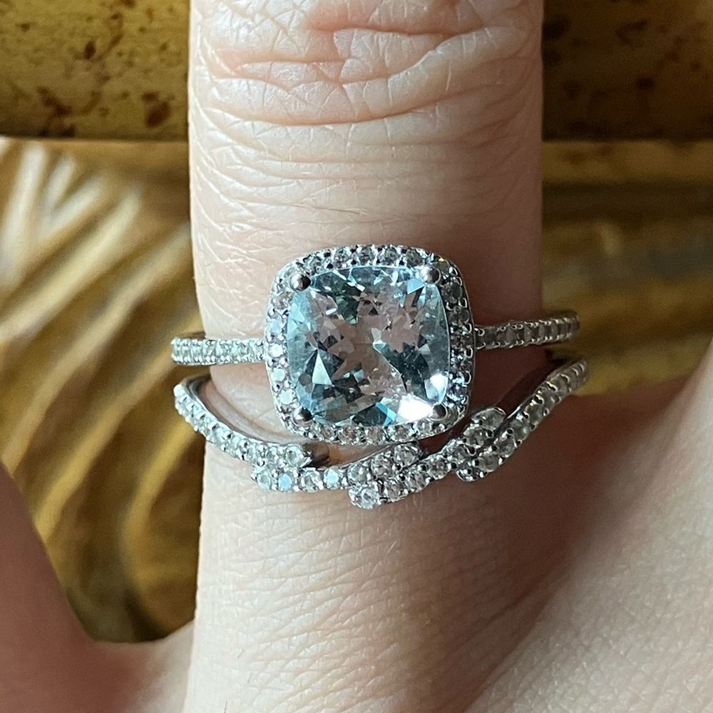 Genuine Aquamarine Sterling Silver Ring Set Size 6